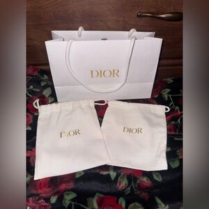 Dior Set of 2 White Drawstring Mini Pouches with Gold Logo Shopping Bag Included